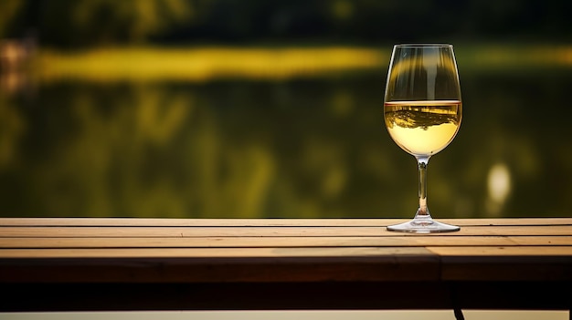 Elegantes Glas Weißwein auf einem Holztisch, der das Licht reflektiert