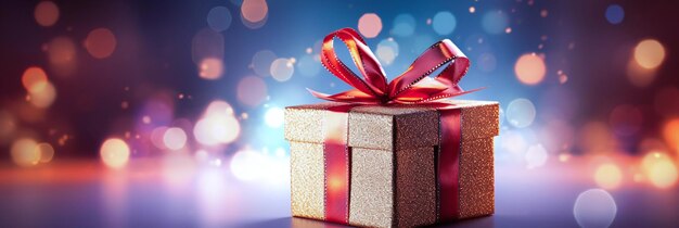 Elegantes goldenes Geschenk mit rotem Band auf Bokeh-Licht-Hintergrund ideal für Weihnachten und Neujahr