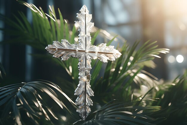 Elegantes heiliges Kreuz aus Metall und mit Kristallen besetzte Palmblätter D-Kreuz Palmsonntag Foto christliche Kunst