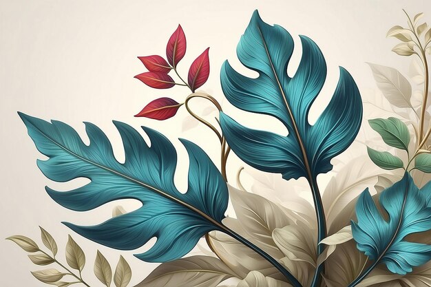 Elegantes hojas brillantes en un fondo claro decoración floral vintage para una tarjeta postal planta de fantasía ilustración 3d