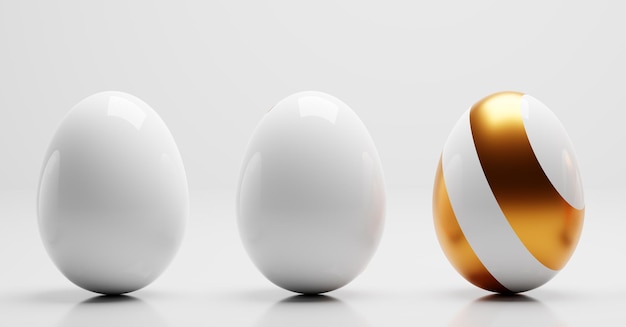 Elegantes huevos de Pascua blancos, uno con rayas doradas, tarjeta de felicitación de decoración moderna