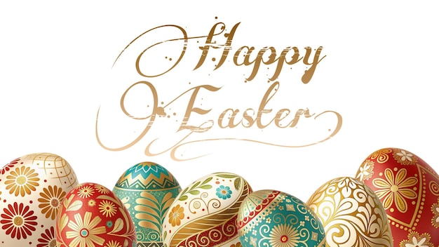 Elegantes huevos de Pascua con intrincados patrones florales y acentos dorados sobre un fondo blanco representan