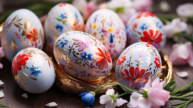 Elegantes huevos de Pascua pintados a mano con flores de primavera