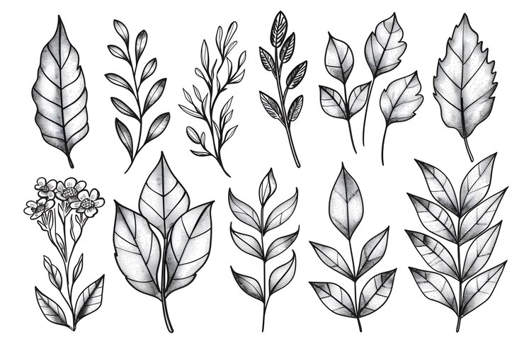 Elegantes ilustraciones botánicas dibujadas a mano de varias hojas y flores