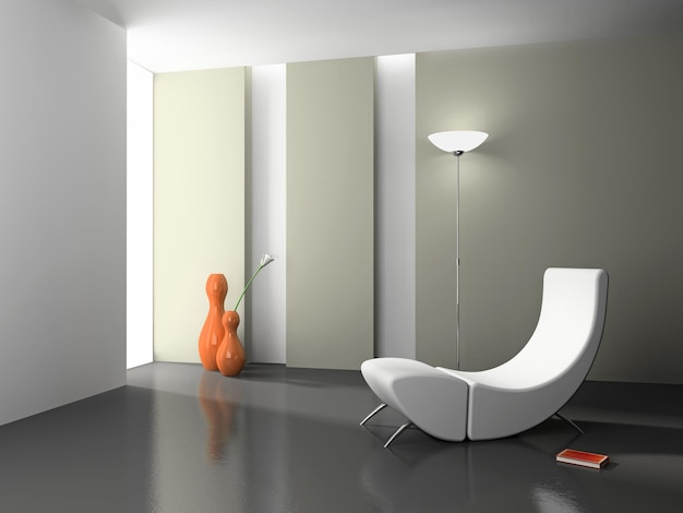 Elegantes Interieur mit weißem Sessel 3D-Rendering