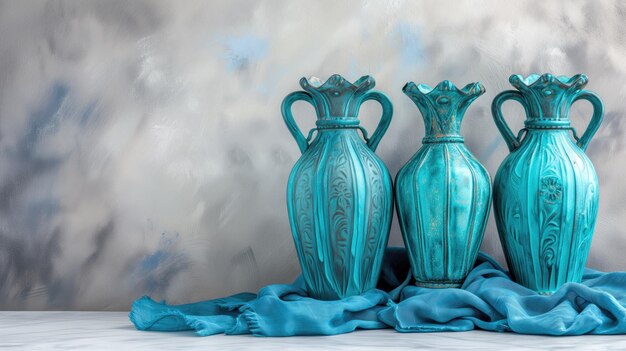 Elegantes jarras de cerámica turquesa en un telón de fondo texturizado con un paño drapeado