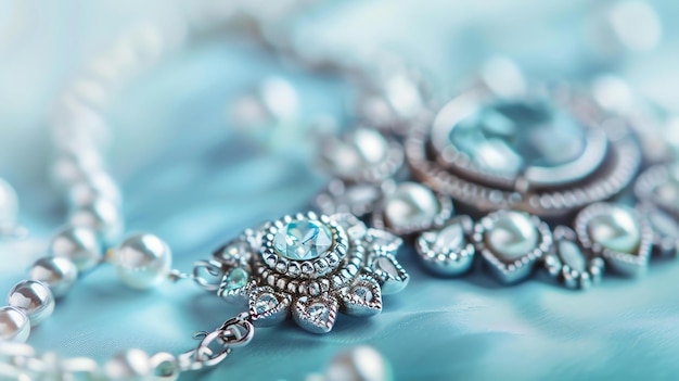 Elegantes joyas de plata con gemas azules claras sobre un fondo de seda azul