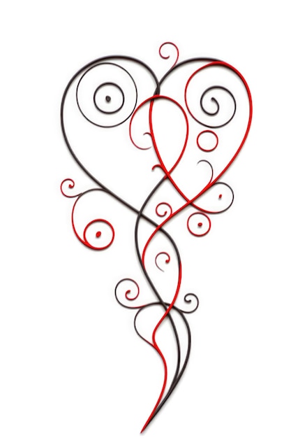 Elegantes kalligraphisches Muster aus wirbelnden roten Herzen und lockigen Linien auf weißem Hintergrund