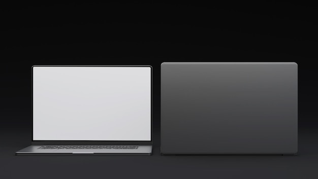 Elegantes Laptops Mockup Front and Back 3D renderizam o fundo escuro