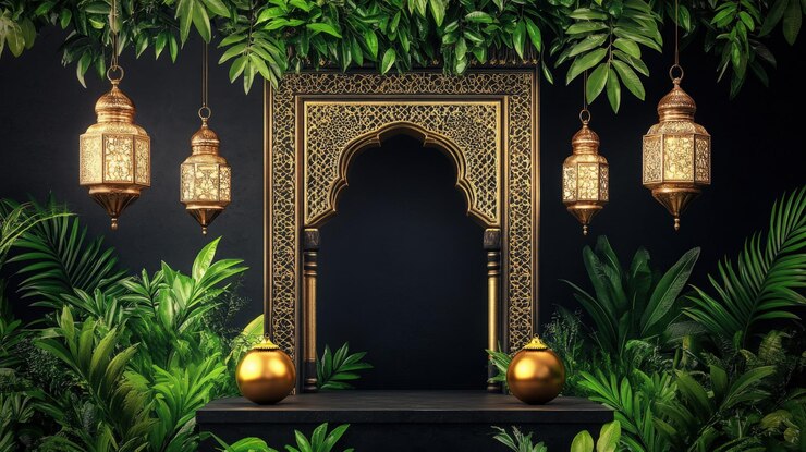 Elegantes linternas doradas y hojas tropicales marco ornamentado maqueta de arco
