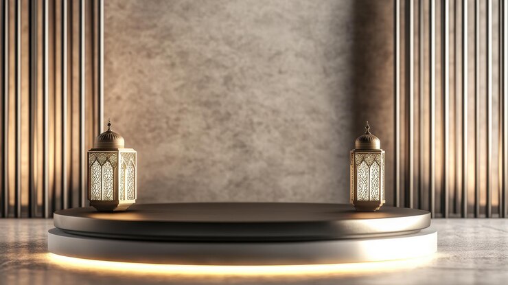 Elegantes linternas de Ramadán en una plataforma circular muestran la decoración festiva islámica de fondo