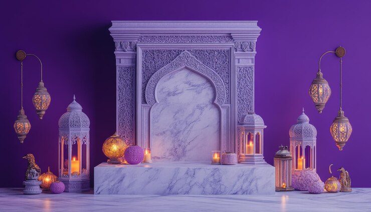 Elegantes linternas y velas marroquíes púrpuras en mármol Decoración festiva del Ramadán