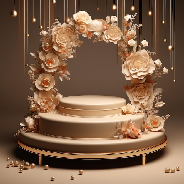 Elegantes Luxuspodium mit goldenen Rosenblättern und Perlenelementen, dekorativ für die Hochzeitszeremonie