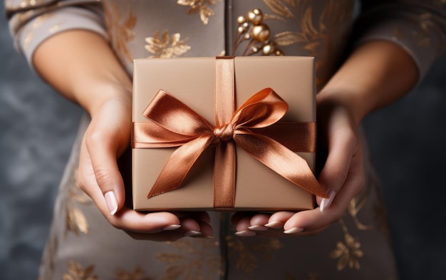 Elegantes manos femeninas sosteniendo una caja de regalos atada con cinta