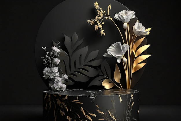 Elegantes Marmorpodest, dekoriert mit schwarzen und goldenen Pflanzen, erstellt mit generativer KI