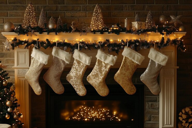 Elegantes medias navideñas cuelgan sobre una acogedora chimenea con luces parpadeantes IA generativa