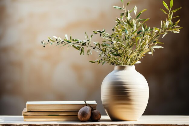 Elegantes mediterranes Hausdesign Texturierte Vase mit Olivenbaumzweigen
