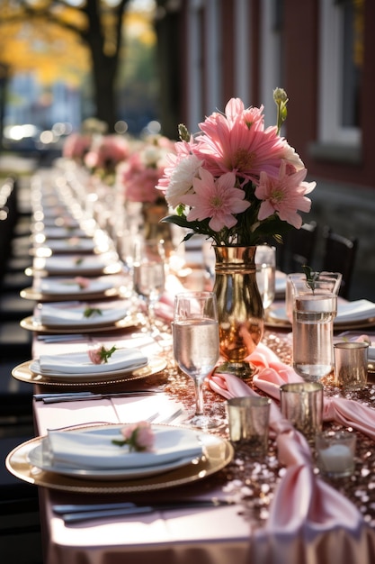 Elegantes mesas de recepción decoradas con detalles en rosa y dorado.
