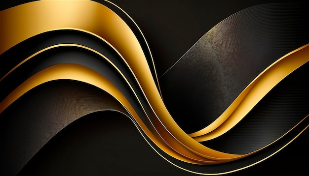 Elegantes y modernas ondas y curvas abstractas negras y doradas sobre fondo negro generadas por IA