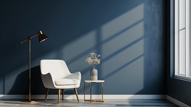 Elegantes modernes Interieur mit einem Sessel und einer Lampe Minimalistisches Wohnzimmerdesign Komfort und Einfachheit in der Innenarchitektur KI