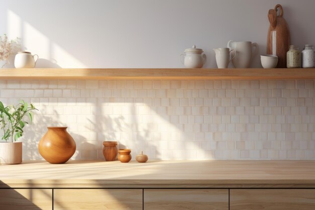Elegantes Morgensonnenlicht beleuchtet ein leeres 3D-Rendering auf einer stilvollen hölzernen Küchenplatte mit Culi