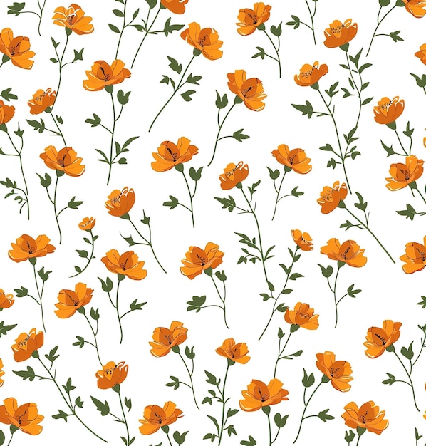 Elegantes nahtloses Muster aus blühenden orangefarbenen Blüten und zarten Zweigen auf weißem Hintergrund