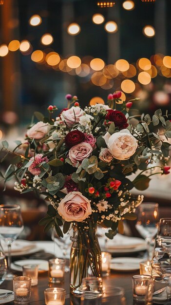 Elegantes ornamentos florales en las mesas de recepción de bodas