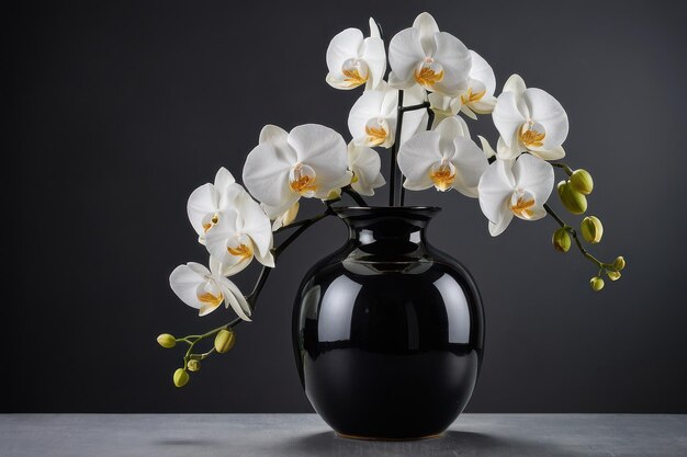 Foto elegantes orquídeas blancas en un jarrón negro