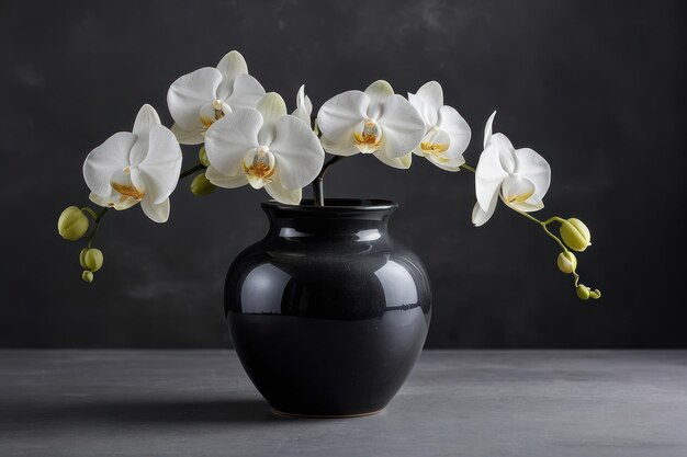 Foto elegantes orquídeas blancas en un jarrón negro