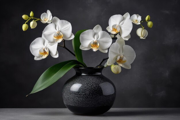 Foto elegantes orquídeas blancas en un jarrón negro