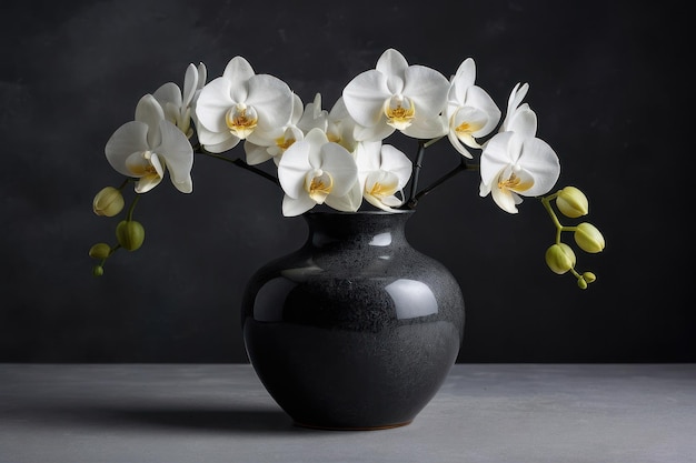 Foto elegantes orquídeas blancas en un jarrón negro