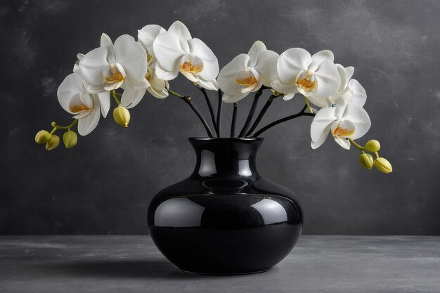 Foto elegantes orquídeas blancas en un jarrón negro