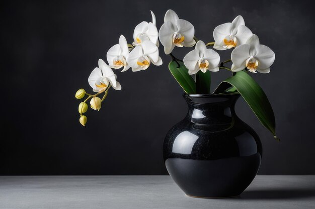 Foto elegantes orquídeas blancas en un jarrón negro