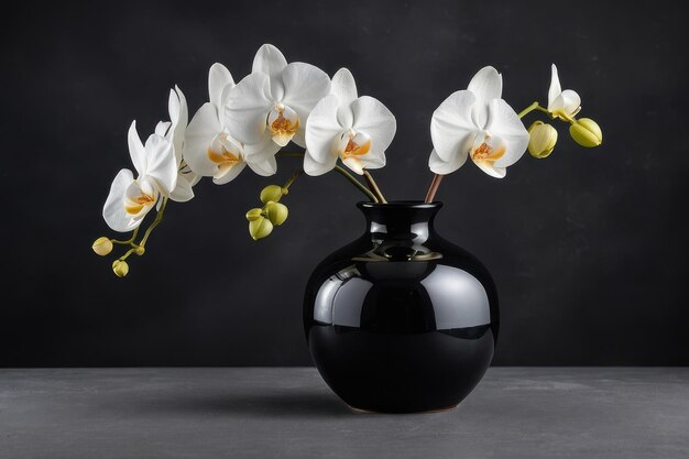 Foto elegantes orquídeas blancas en un jarrón negro