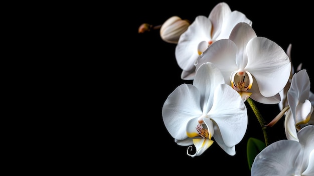 Elegantes orquídeas blancas sobre un fondo oscuro una representación de belleza serena y pureza en un estilo minimalista Ideal para decoración y temas de tranquilidad AI