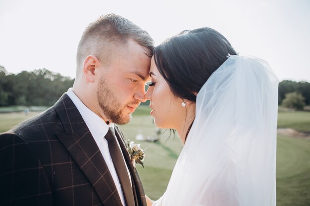 Elegantes Paar, das bei Sonnenuntergang, Liebesgeschichte, Porträt von Braut und Bräutigam am Hochzeitstag geht