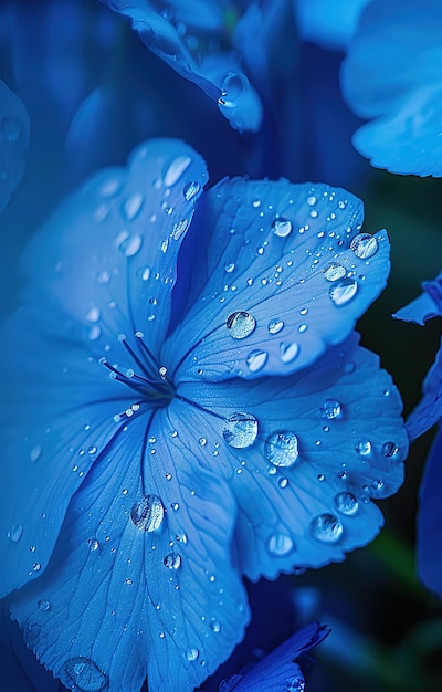 Elegantes pétalos azules de primer plano de flores cubiertas de rocío iluminadas por una luz suave que transmite la tranquilidad y la belleza de la naturaleza