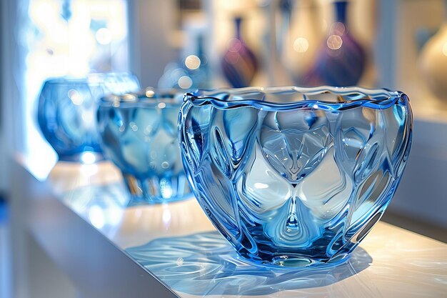 Elegantes piezas de arte de vidrio azul en exhibición en la Galería Brillante