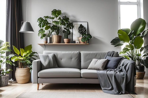 Elegantes plantas de interior en un sofá gris y un cuadro colgado en una pared clara del salón