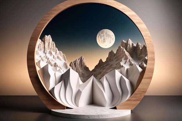 Elegantes Präsentationspodium mit Skulptur einer Bergkette mit Vollmond im Hintergrund, erstellt mit generativer KI-Technologie