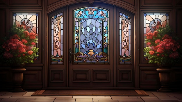 Elegantes puertas dobles de madera con intrincados paneles de vidrio de colores en un lujoso entorno interior