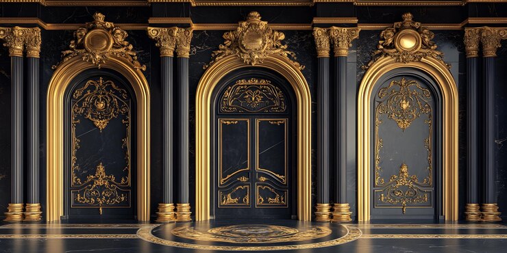 Elegantes puertas interiores de palacio negras y doradas