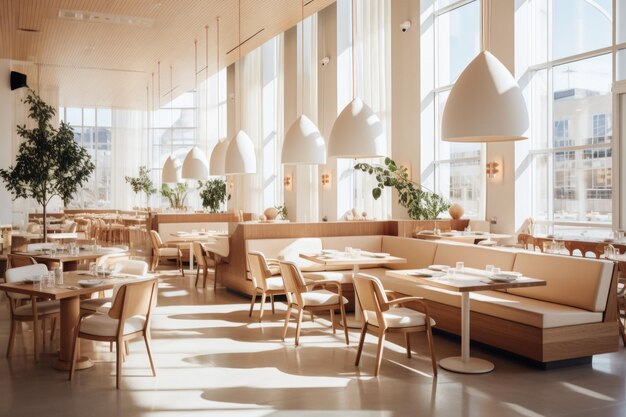Elegantes Restaurantinterieur mit großen Fenstern und stilvollen Möbeln