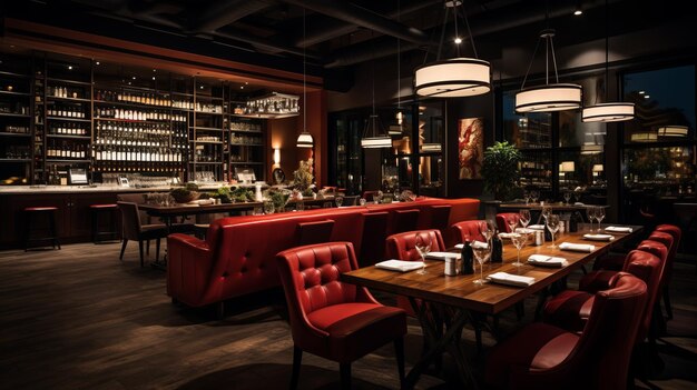 Elegantes Restaurantinterieur mit roten Lederstühlen und schwacher Beleuchtung