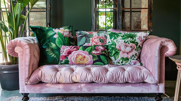 Elegantes rosa Sofa mit blumigen Kissen grüne Wand gemütliches Interieur