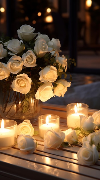 Elegantes rosas blancas y velas para una noche relajante en resolución de 32k crean una foto realista