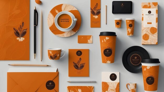 Foto elegantes schreibzeug mit orangefarbenen und blumigen designelementen