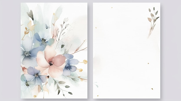 Elegantes Set von Hochzeitseinladungskarten-Vorlagen mit Blumen- und Blattdekoration. Aquarell-Hintergrund auf weißem AI-Generativ