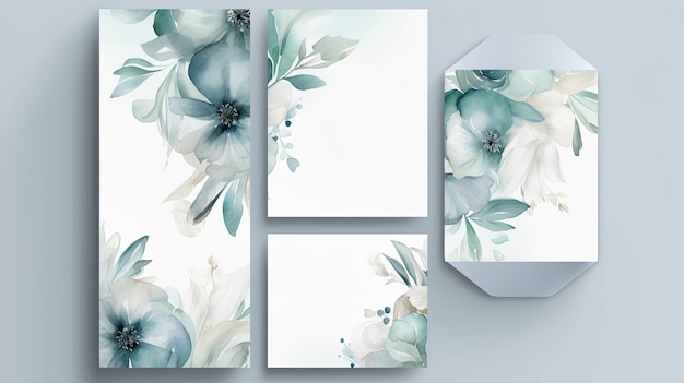 Elegantes Set von Hochzeitseinladungskarten-Vorlagen mit Blumen- und Blattdekoration. Aquarell-Hintergrund auf weißem AI-Generativ