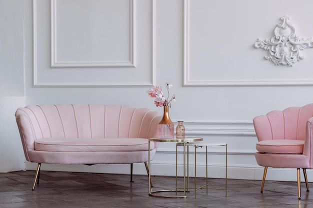 Elegantes sillones rosas contra una pared blanca con estuco 3648